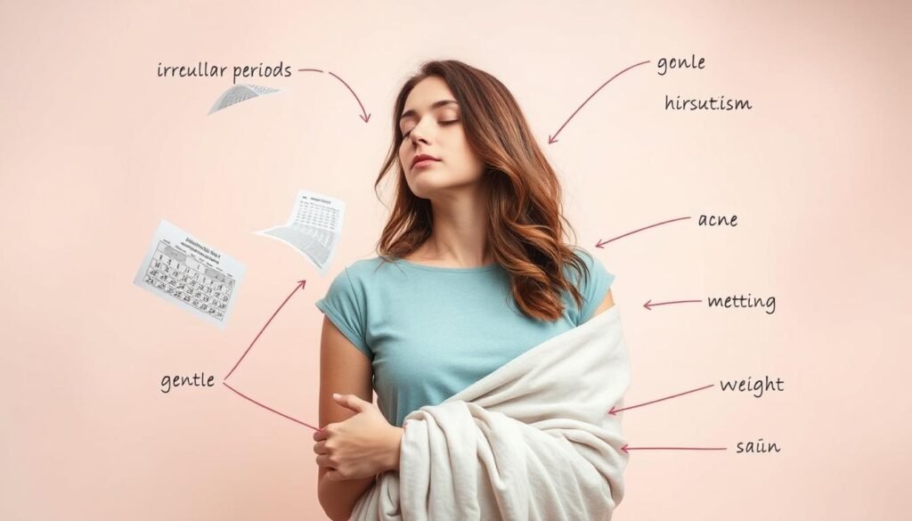 Symptoms associated with PCOS including irregular periods, hirsutism, acne, and weight gain.